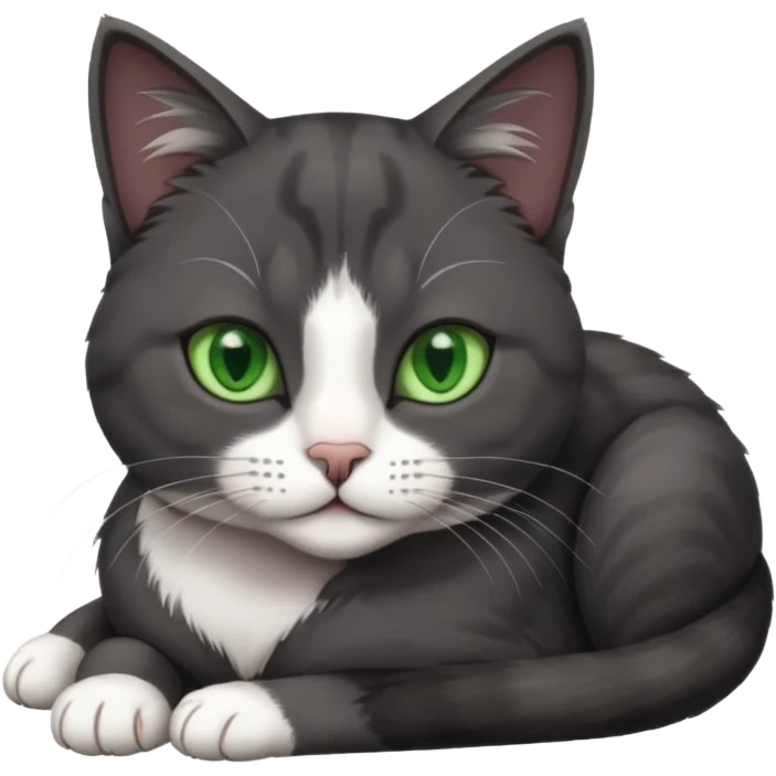 beautiful female solid dark grey cat with green eyes, white toes/paws and white patch on her chest lying down emoji