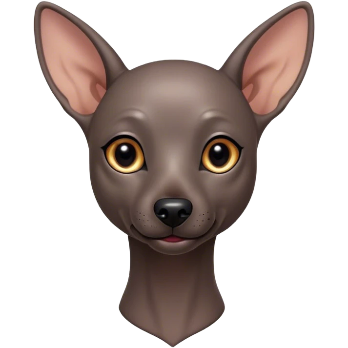 Cinematic Cute Xoloitzcuintle dog Portrait Emoji, Head tilted playfully and inquisitively, featuring smooth, hairless ebony skin with distinctive, artistic wrinkles, round, sparkling dark eyes filled with curiosity, Simplified yet irresistibly adorable features, highly detailed, glowing with a warm, friendly glow, high shine, affectionate and spirited, stylized with a touch of whimsy, bright and endearing, soft glowing outline, capturing the essence of a mischievous yet loving companion, so playful it feels like it could trot out of the screen and into your arms! emoji