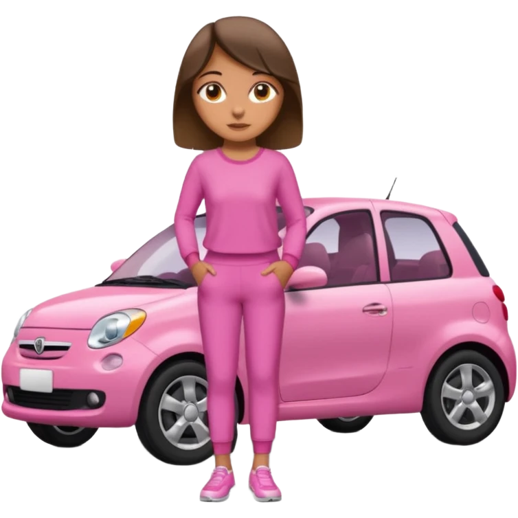 Create me a emoji girl with brown eyes in a pink outfit leaning on a car full body emoji