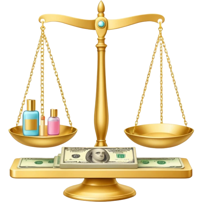 gold scale with dollars on one side and beauty products on the other emoji