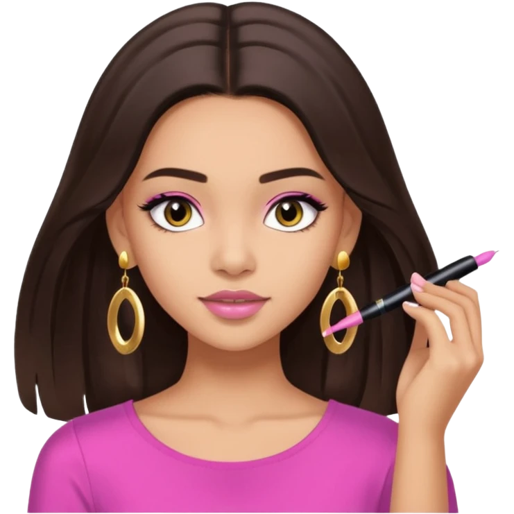 A brunette girl lightskin with mi-long hair and gold earrings wearing a cute pink top while putting mascara maybeline  emoji