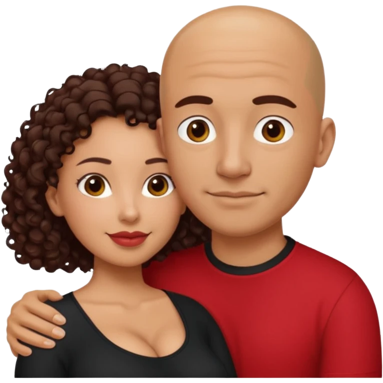A picture of a tanned couple embracing. the guy is Mexican, with a bald hair cut and he is wearing a red shirt. the girl is mixed, the girl is wearing a black shirt, the girl has curly longer dark brown hair and with big boobs  emoji