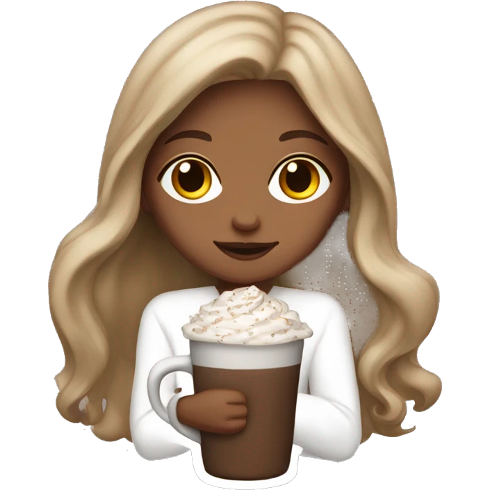 white girl with brown long hair and a hot chocolate emoji