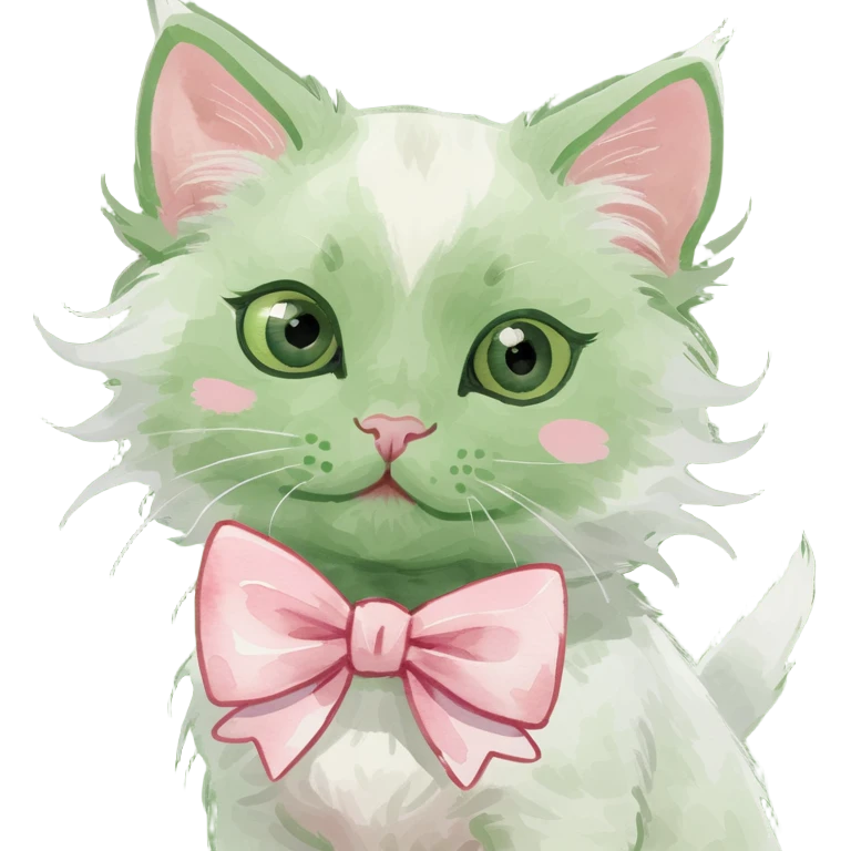 cute fluffy white kitten with a light pink bow, watercolor art style emoji