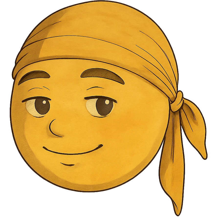 ghibli style yellow slick emoji face wearing a durag emoji