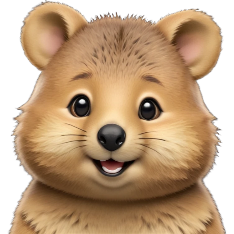 cinematic-realistic quokka-emoji,-small-round-frame, head tilted in an endearing manner, comical smile, round cheeks, giant-fluffy-cheeks-large-smile-fluffy-brown-fur-radiating-a-warm-softness,-big-round-eyes-filled-with-joy, realistic round  fluffy zoomed in, large black eyes one paw raised  emoji