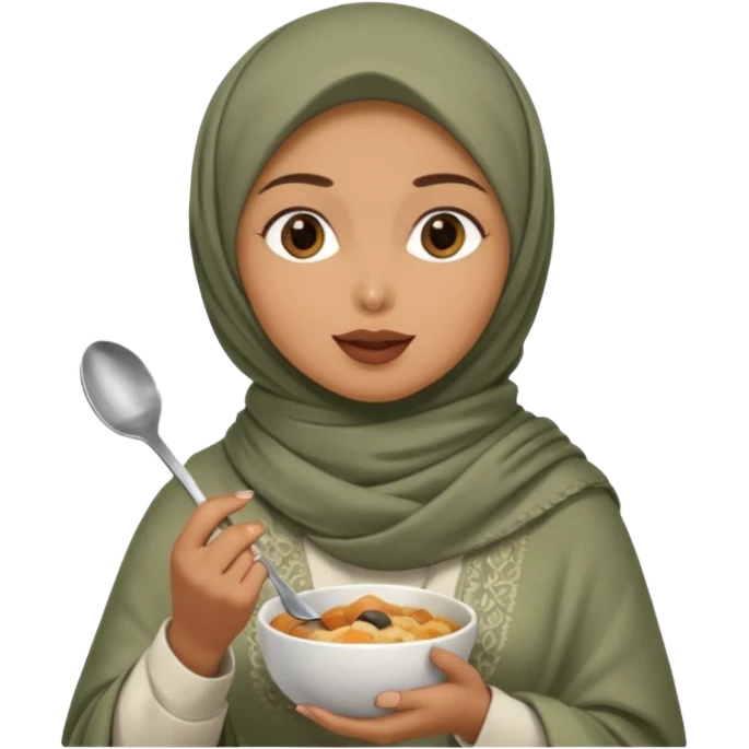 a woman wearing a pashmina hijab is eating while holding a spoon emoji