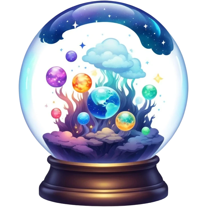 Tiny mystical mysterious celestial sparkly cloudy magical glowing spherical nebula planets inside a glass globe dome emoji