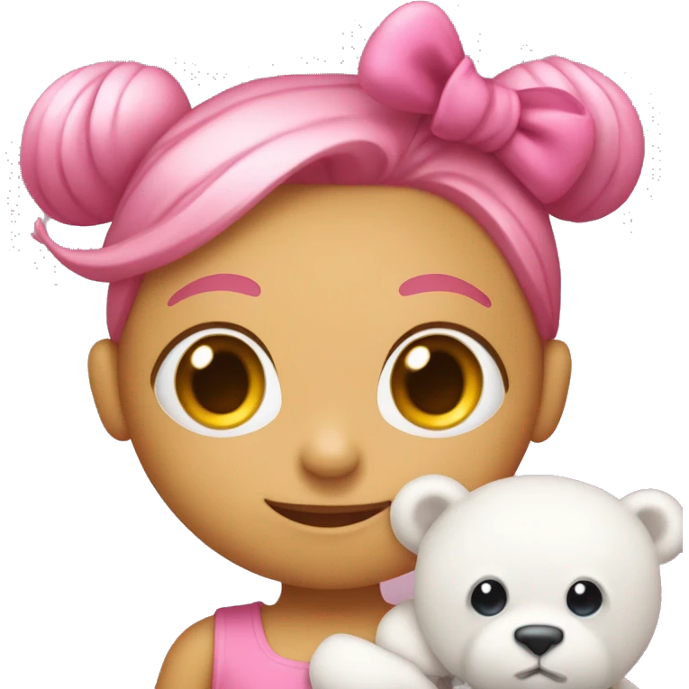 a pink monster with a BIG pink bow on the side of her head with a dress and holding a white teddy  bear’s be emoji