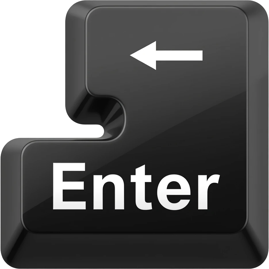 Glossy black L-shaped Enter keycap with a delicious candy-jelly texture. White "Enter" text and return arrow. 3D emoji style, white background. emoji