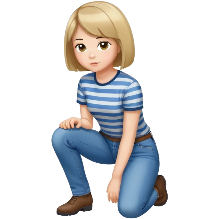 girl with short bob haircut in jeans and striped shirt kneeling on the ground seen from behind emoji