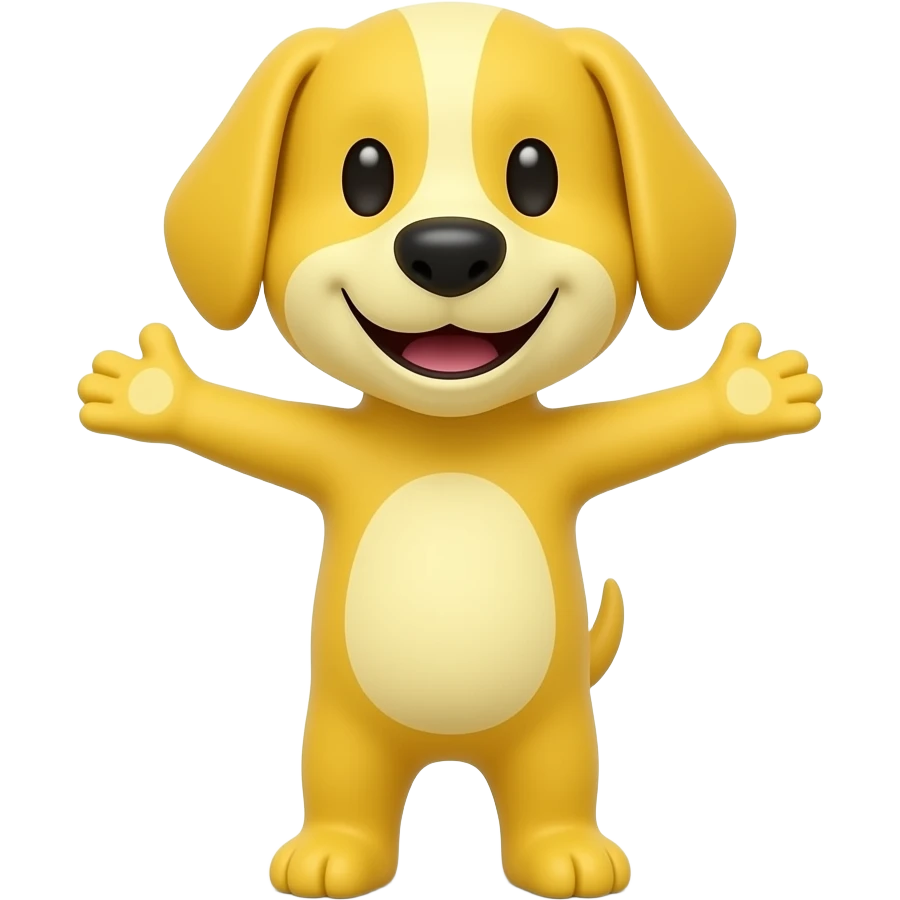 A completely bright yellow dog, standing up with legs and arms open like a little person, looking at us with a very happy expression. Its body is completely light yellow. emoji