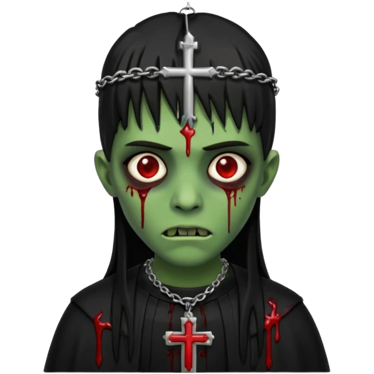 zumbi verde com olhos vermelhos sangrando e franja roupa preta e um crucifixo como colar emoji