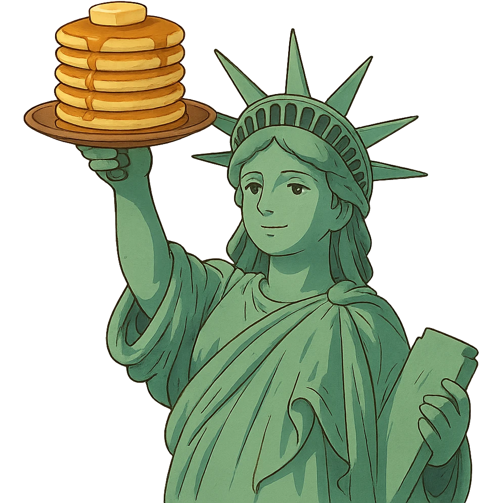 Statue of Liberty holding a stack of pancakes in ghibli style emoji