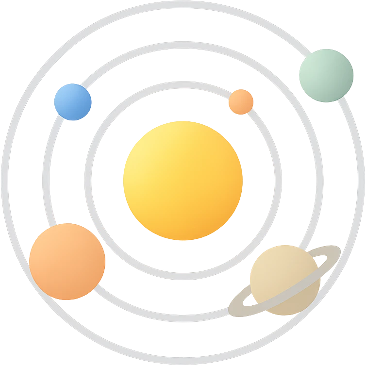 solar system diagram icon, flat color style, planets and sun in orbit, modern and clear, for digital use emoji