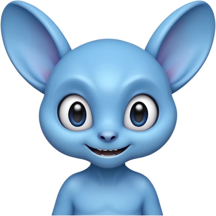 cute blue alien emoji with big floppy ears, sharp teeth, wide eyes, mischievous smile, playful and wild expression, 3D emoji style, round head, soft shading, bold outlines emoji