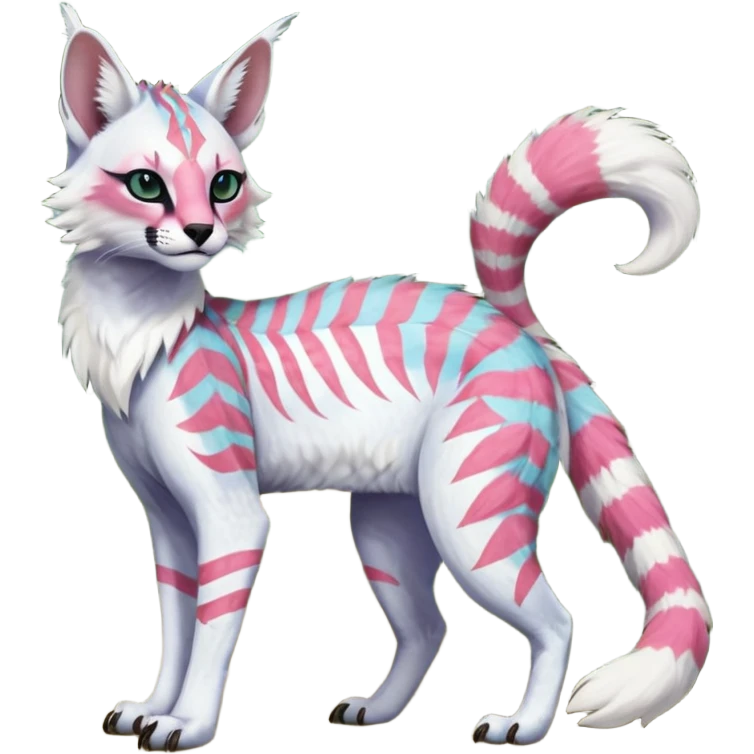 Colorful tropical feathery tribal pale light fruity pastel white glorious iridescent divine exotic cute albino neon vibrant spooky evil zigzagged cool beautiful fantasy-caracal-civet-genet-sergal-vernid-Gryphon-Cacomistle-Trico-oncilla-animal-Fakémon-hybrid-fursona (full body), facial markings,  emoji