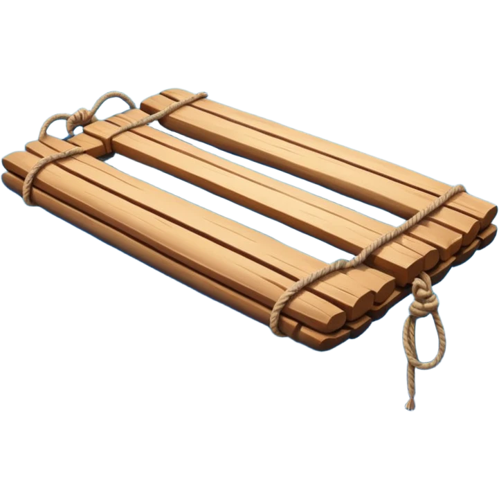 showing a simple wooden raft floating on calm blue water — made of several brown logs tied together with rope — gentle ripples around it — bright, cheerful lighting and soft shadows — minimalist, clean emoji design emoji