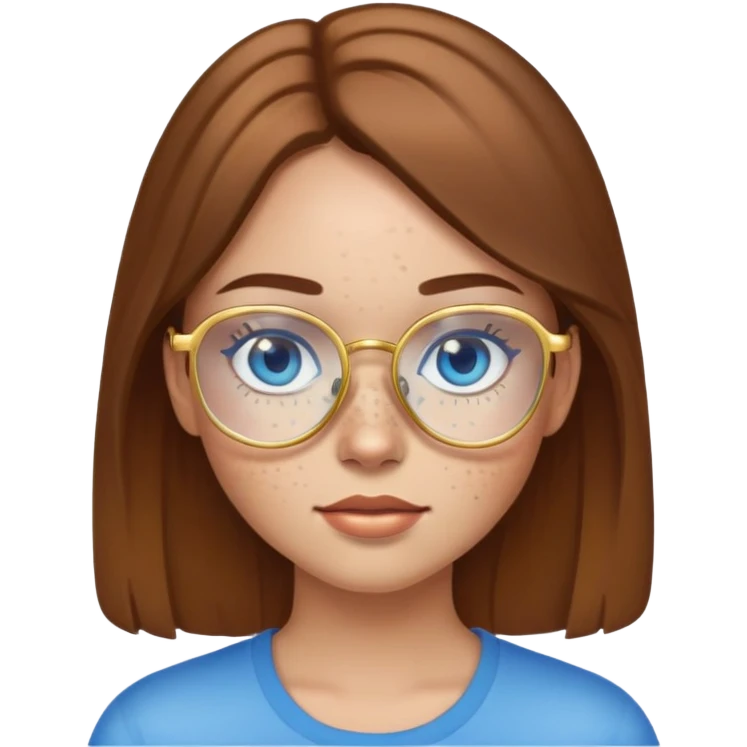 Girl with light skin, brown hair, blue eyes, freckles, and gold glasses emoji