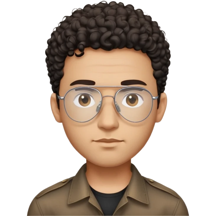 Man with small face and prominent forehead, teardrop-shaped aviator glasses, very minimal dark curly hair on top with completely shaved sides, light brown complexion, gentle expression, black button-up shirt emoji