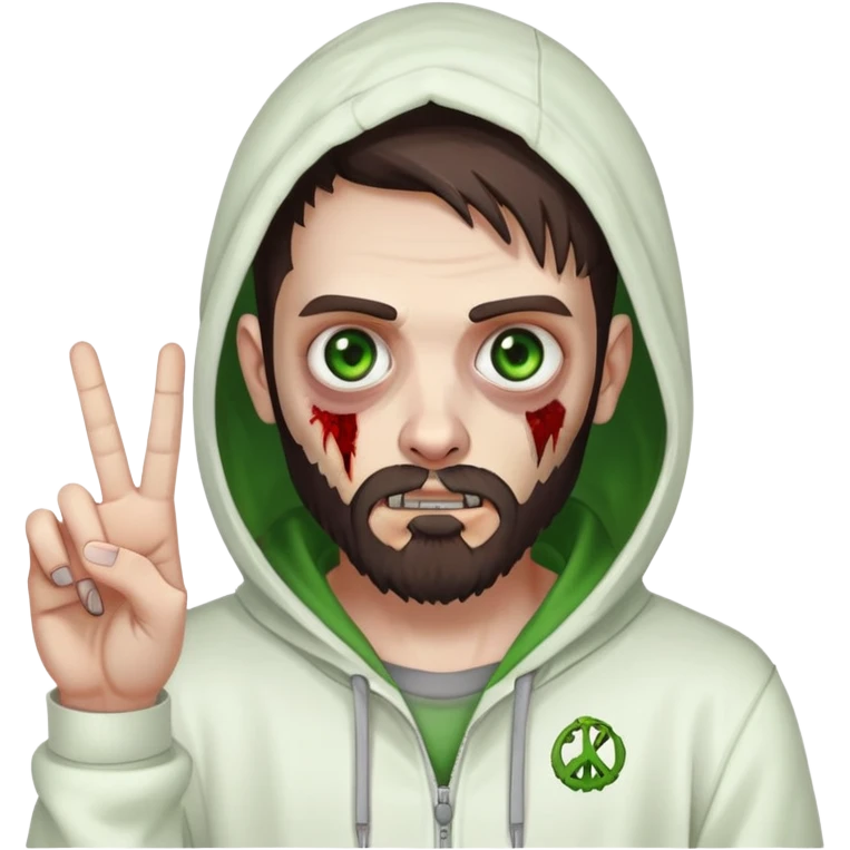 zombie making peace sign, undercut hairstyle with dark brown hair, short full beard, heterochromia with one green eye and one brown eye, wearing plain white hoodie with hood up emoji