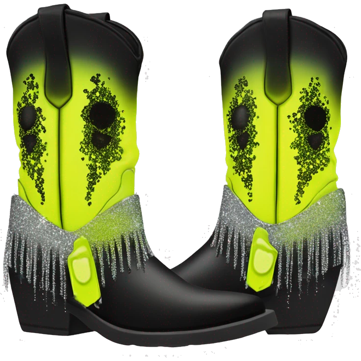 Realistic short neon yellow to black ombre fashion cowgirl boot with sparkly shiny glitter fringe on them. emoji