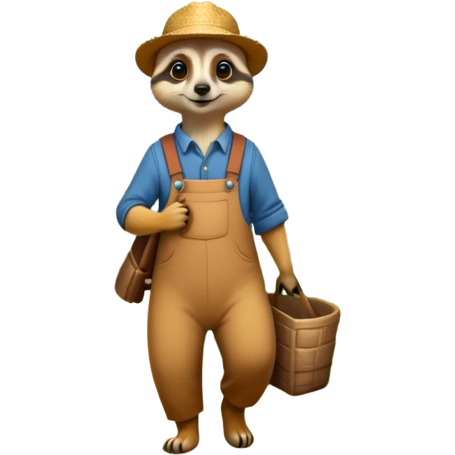 A Meerkat, dressed as a farmer, walking in the field with flowers and bushes surroundings and butterflies flying above  emoji