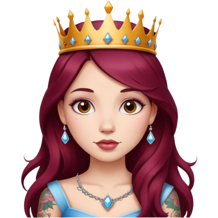 Beautiful tattooed long burgundy haired girl wearing a princess crown emoji