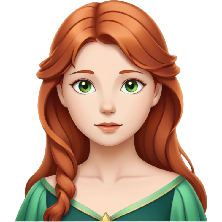 Cinematic Serene Sleeping Beauty Portrait Emoji, rendered in a simplified vector style. Depict a gentle Aurora (chest and above) with fair, glowing skin and softly cascading auburn hair, her expression calm and reflective, dressed in her timeless attire. The image exudes a soft, warm radiance with high shine and a subtle glowing outline. emoji
