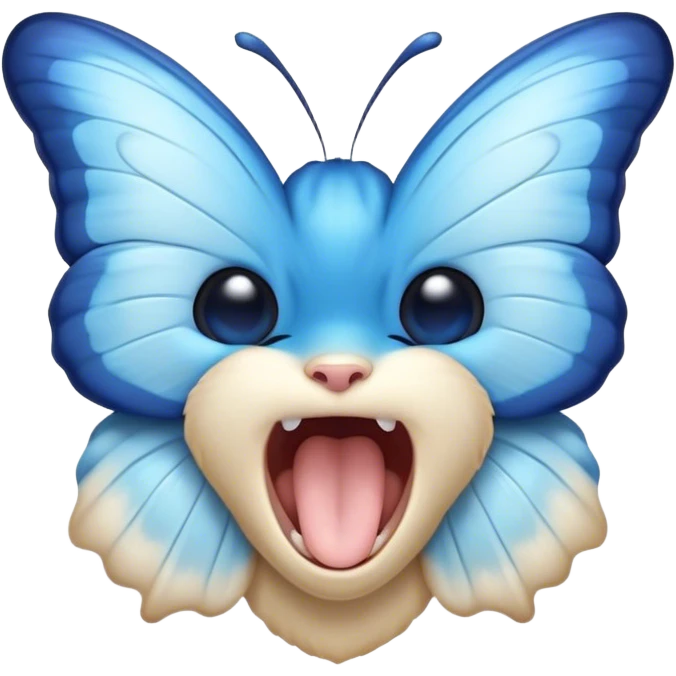 Cinematic Realistic Cute Yawning Blue Butterfly Portrait Emoji, Head tilted slightly with a dramatic, wide-open yawn, showcasing soft, downy sapphire wings with delicate, natural droop and half-closed, drowsy eyes rendered in exquisite detail, high shine, relaxed yet expressive, styled with a dash of subtle garden charm, soft glowing outline, capturing the essence of a sleepy yet affectionate blue butterfly that appears ready to rest its wings in quiet, enchanted slumber! emoji