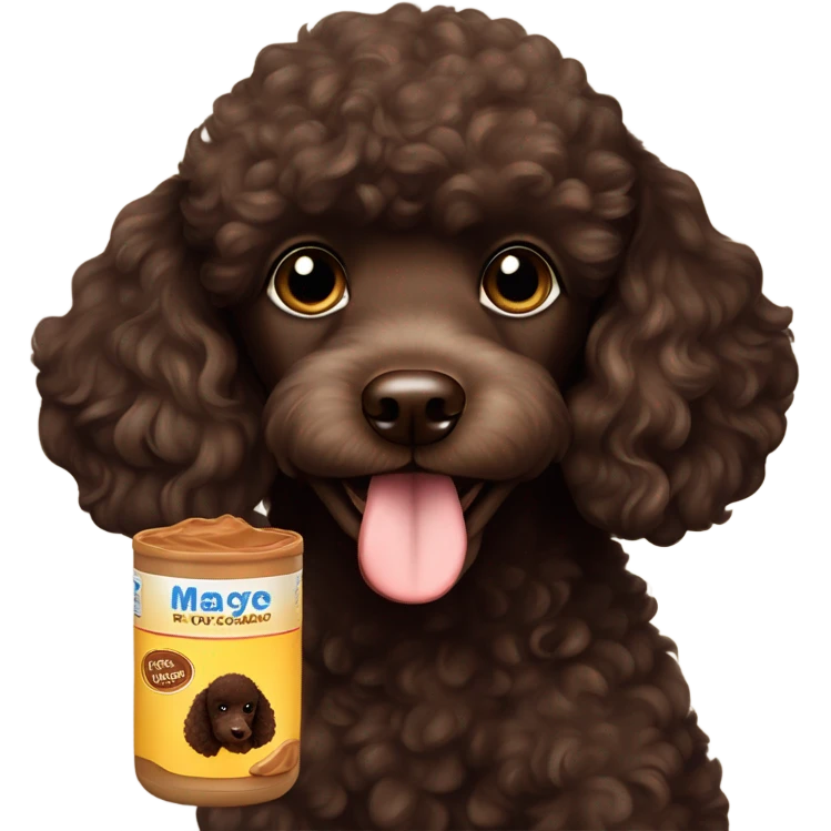 Dark chocolate brown poodle puppy with peanut butter all over him emoji