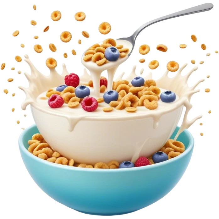 Cinematic crunchy cereal, vibrant and colorful, splashing into a bowl of cold milk, soft glowing background, dynamic movement, playful and inviting, nostalgic and fun. emoji