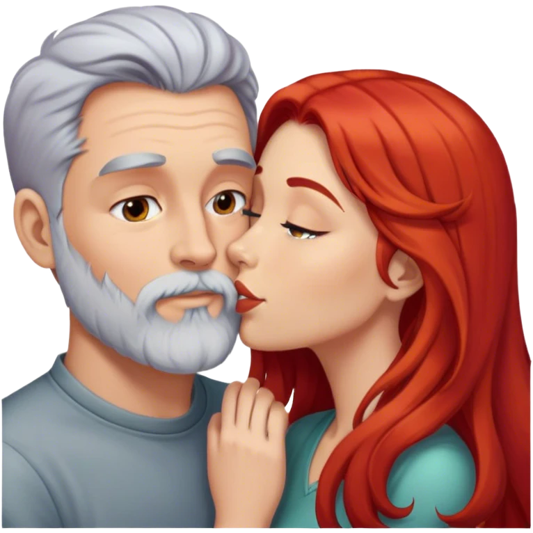 Long red hair woman kissing man with short gray hair and beard emoji