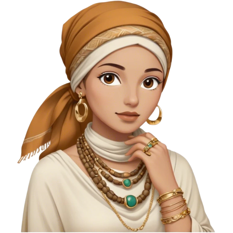 The woman, partially visible, wears a richly textured headscarf in earthy tones, draped gracefully over a white long-sleeve top. Her accessories steal the spotlight—intricately designed gold bangles, statement rings, and layered necklaces—each piece exuding heritage and craftsmanship.  emoji