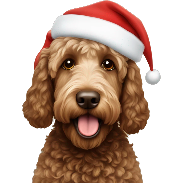Brown labradoodle wearing Santa hat emoji