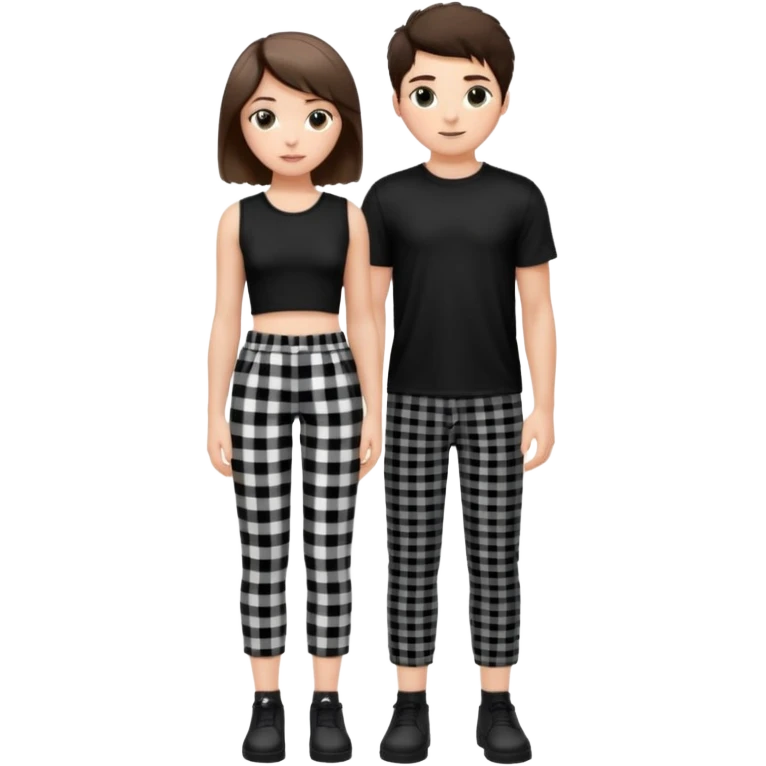 white girl with short brunette hair and eyelashes a little long with a black crop top and black and white plaque pants on top of a white boy with brunnete fluffy hair and long black shirt on and black and white plaque pants. emoji