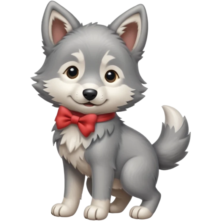 an animated gif-style sticker emote of a wolf puppy in a play bow wagging its tail in a smooth, natural arc over its back  emoji