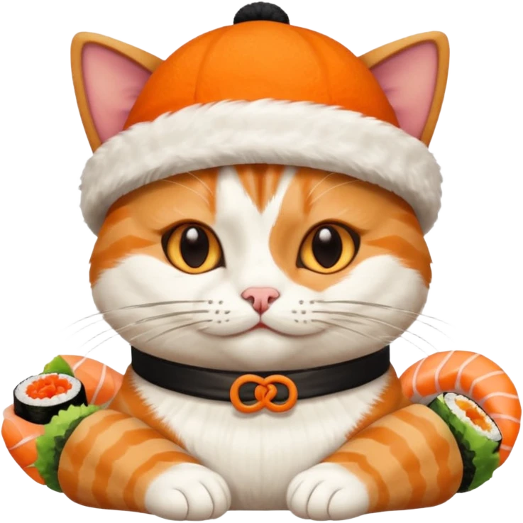 cat with its fingers crossed wearing a hat made out of sushi emoji