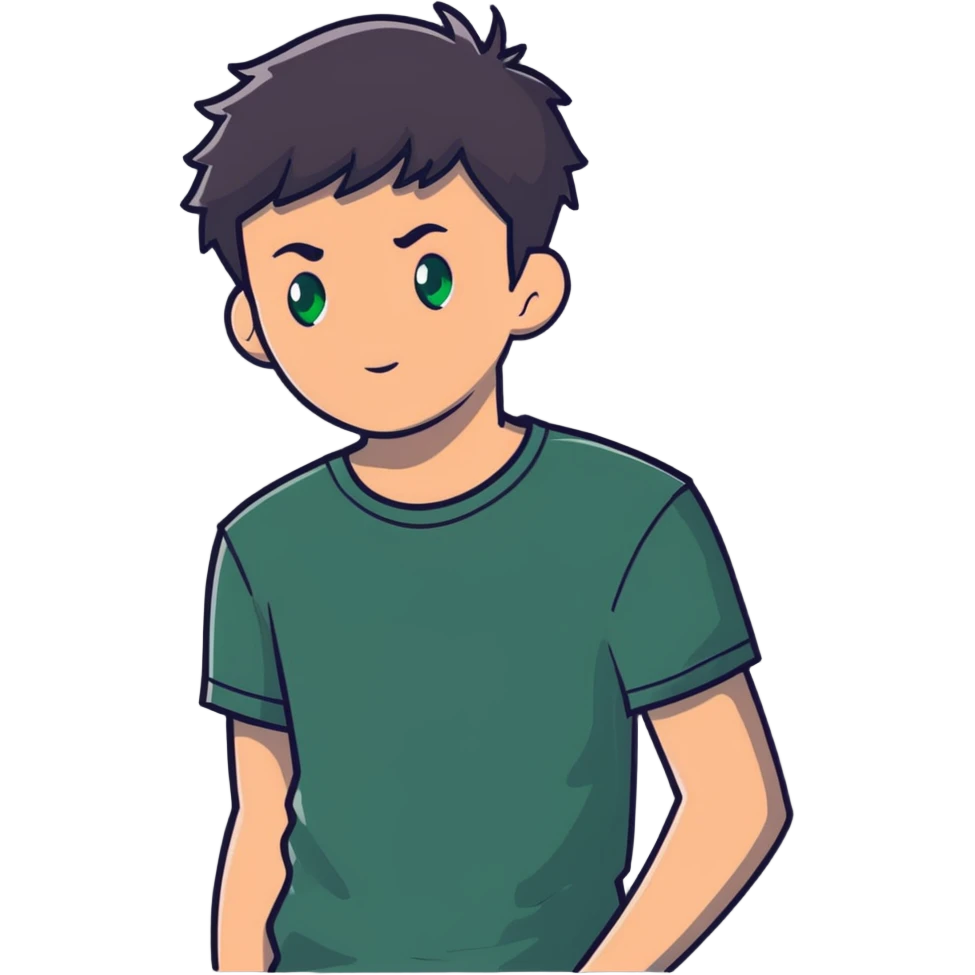 man with dark messy short hair, dark green eyes, wearing a gray t-shirt emoji