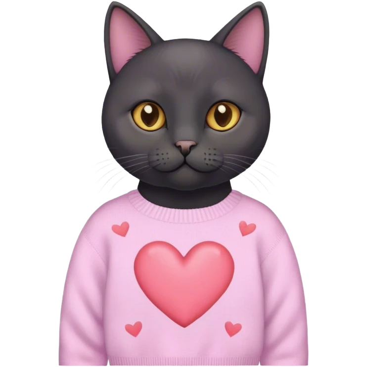 cute black british cat sitting 
 in a cute pastel sweater with hearts emoji