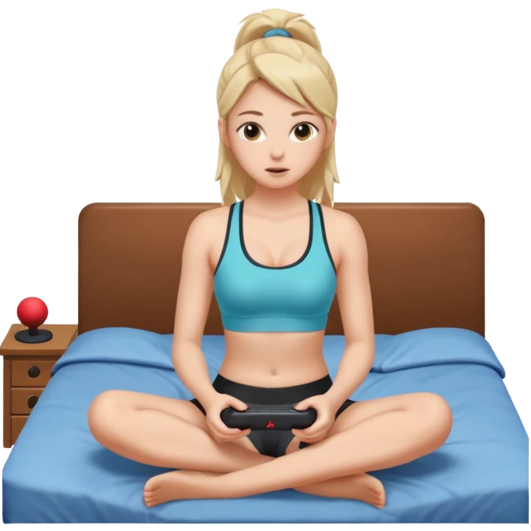 a naked girl sitting on her bed, in a sports bra, playing a video game emoji