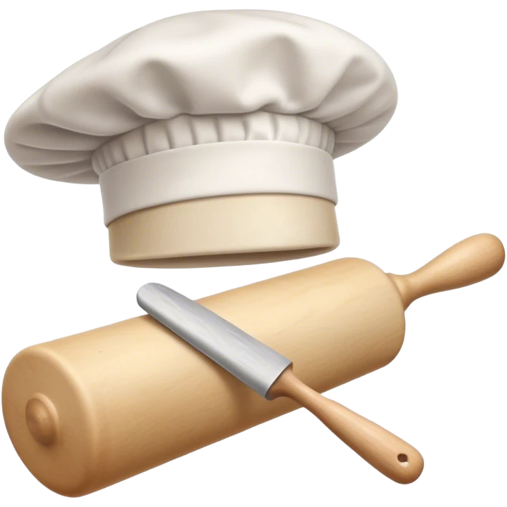 Cinematic Realistic Chef Hat & Rolling Pin, crisp white cotton hat with soft folds, resting beside a classic wooden rolling pin with smooth, polished curves, a light dusting of flour adding authenticity, warm kitchen lighting casting gentle shadows, glowing with a cozy and inviting charm. emoji