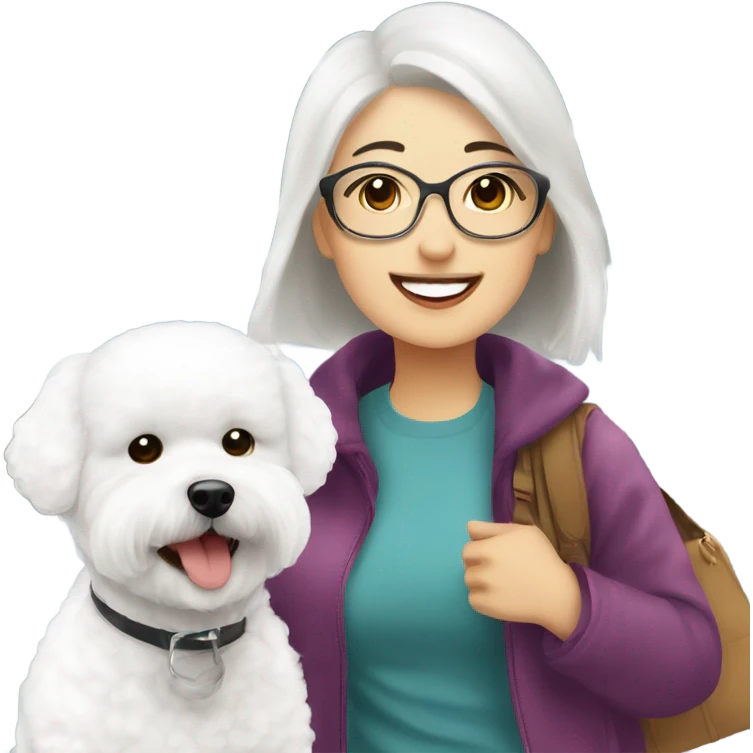 A cute and happy bichon frise with an Asian woman at the airport  emoji