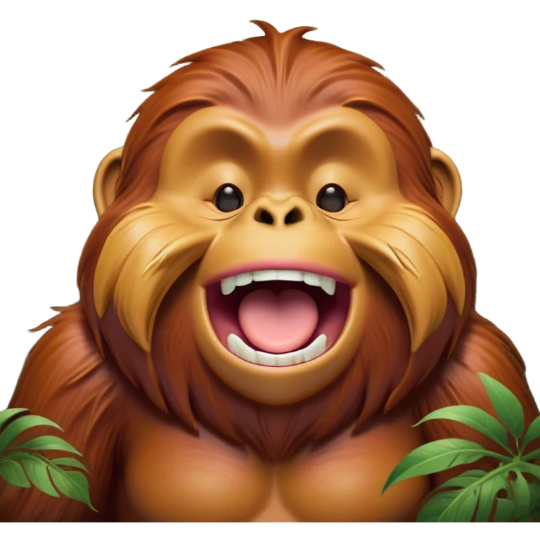 Cinematic Cute Yawning Orangutan Portrait Emoji, Head tilted slightly with a dramatic, wide-open yawn, showcasing a richly textured face with half-closed, sleepy eyes and a relaxed, open expression, Simplified yet irresistibly adorable features, highly detailed, glowing with a soft, cozy jungle glow, high shine, relaxed yet expressive, stylized with a dash of whimsical charm, soft glowing outline, capturing the essence of a drowsy yet affectionate guardian that appears ready to stretch out for a nap! emoji