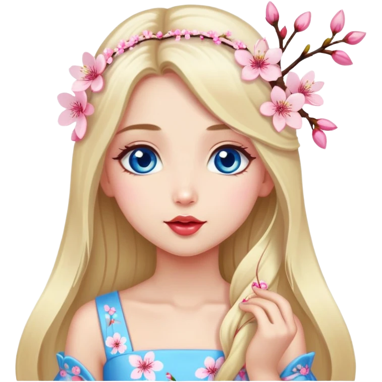 Turkish Girl with long blond hair with cherry blossom accessories on her hair with a long tailed cherry blossom dress on the ground and have blue eyes with beautiful finish and she sending lovely kisses  emoji