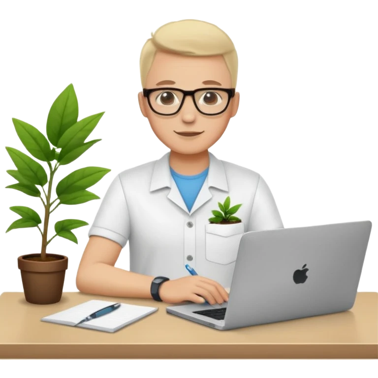 Create an emoji of a professional agronomist in an online video call. Sitting at a desk with a laptop, wearing a shirt and glasses, friendly and confident expression, with a small healthy plant on the desk, minimal flat design, bright colors, vector style, white background. emoji