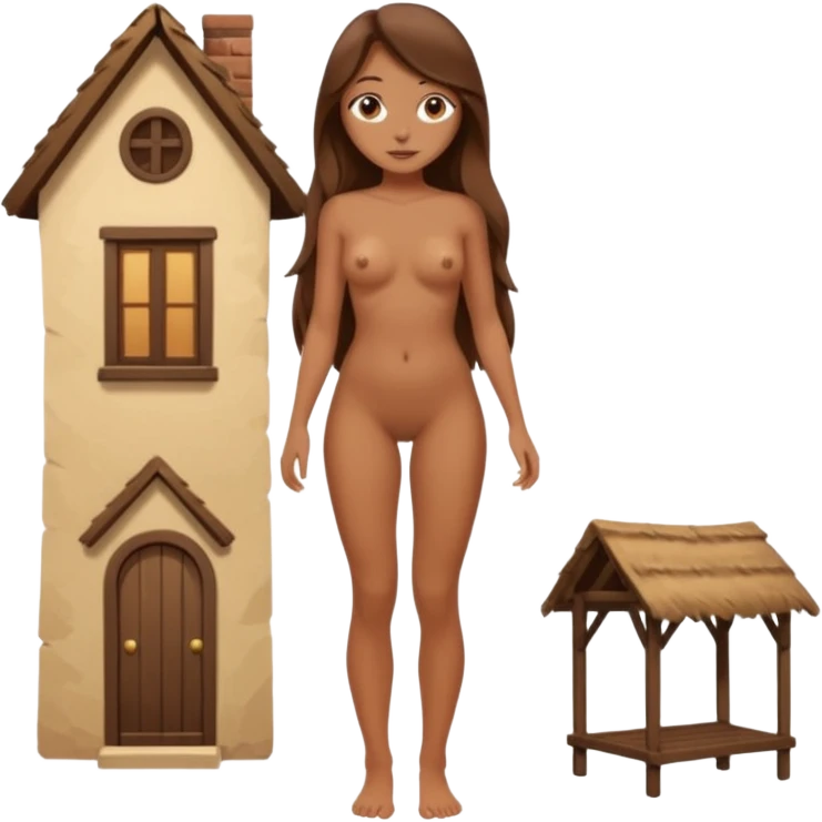 full body nude, sexy girl with long brown hair cutely with 🥹 cottage core emoji