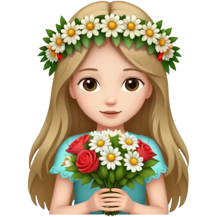 Beautiful girl with long hair and a wreath holding a bouquet of flowers emoji