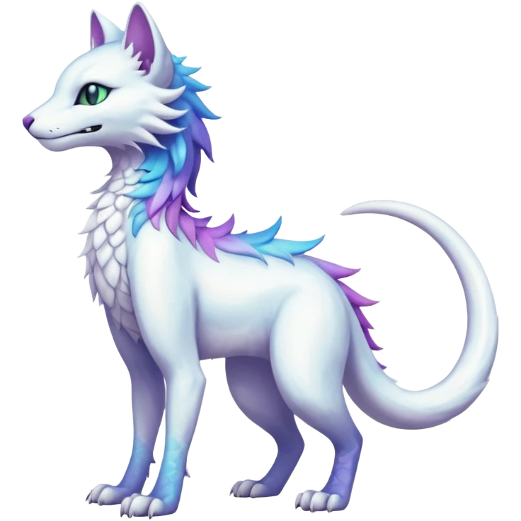 Kawaii white iridescent edgy fantasy feline-vernid-sergal-fursona animal creature with a tufted tail full body with intricate markings  emoji