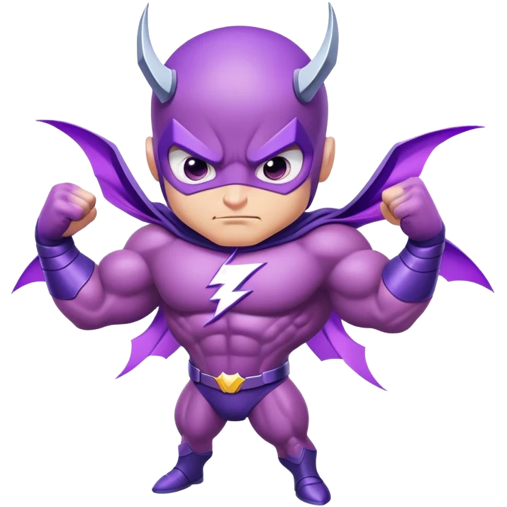 cute purple insect superhero with determined confident eyes, bulging biceps and muscles, electric lightning extending from arms, and a cool smirking expression emoji